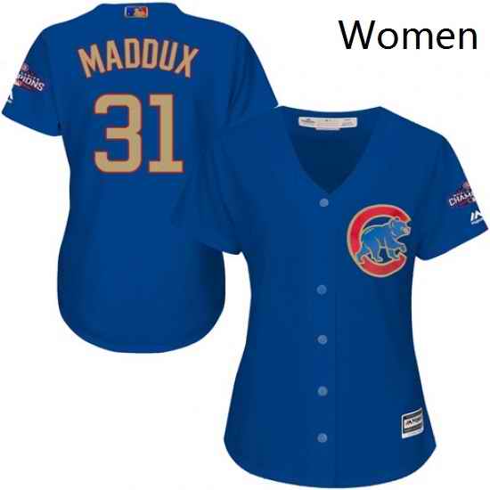 Womens Majestic Chicago Cubs 31 Greg Maddux Authentic Royal Blue 2017 Gold Champion MLB Jersey